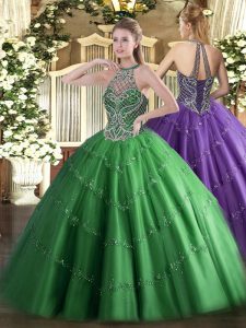Sexy Green Lace Up Halter Top Beading Quinceanera Gowns Tulle Sleeveless
