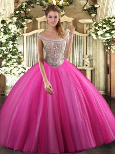 High Quality Off The Shoulder Sleeveless Sweet 16 Quinceanera Dress Floor Length Beading Hot Pink Tulle