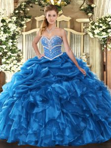 Sleeveless Floor Length Beading and Ruffles and Pick Ups Lace Up Vestidos de Quinceanera with Blue
