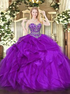 Pretty Sweetheart Sleeveless Lace Up 15th Birthday Dress Eggplant Purple Organza