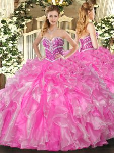 Elegant Rose Pink Quinceanera Dresses Military Ball and Sweet 16 and Quinceanera with Beading and Ruffles Sweetheart Sleeveless Lace Up