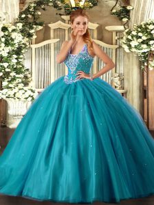 Extravagant Straps Sleeveless Tulle Quince Ball Gowns Beading Lace Up
