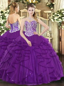 Low Price Sleeveless Floor Length Beading and Ruffles Lace Up 15 Quinceanera Dress with Purple