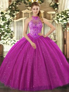 Custom Design Fuchsia Lace Up Quinceanera Dress Beading and Embroidery Sleeveless Floor Length