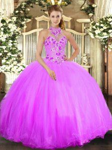Ideal Lilac Halter Top Lace Up Beading and Embroidery Sweet 16 Quinceanera Dress Sleeveless