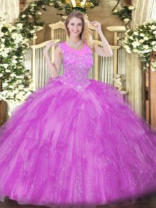 Spectacular Floor Length Lilac Sweet 16 Dresses Tulle Sleeveless Beading and Ruffles