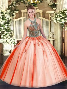 Pretty Floor Length Coral Red Sweet 16 Quinceanera Dress Tulle Sleeveless Beading