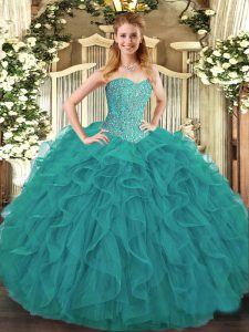 Latest Turquoise Lace Up Sweet 16 Quinceanera Dress Beading and Ruffles Sleeveless Floor Length