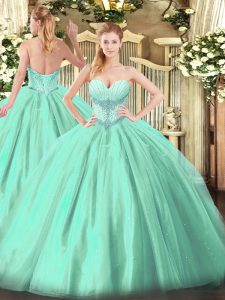 Free and Easy Turquoise Ball Gowns Beading Quince Ball Gowns Lace Up Tulle Sleeveless Floor Length