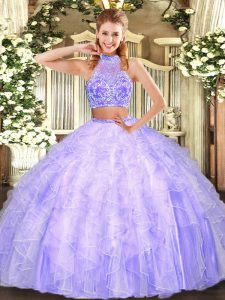 Most Popular Lavender Two Pieces Halter Top Sleeveless Tulle Floor Length Criss Cross Beading and Ruffles Quinceanera Dresses