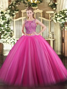Most Popular Hot Pink Scoop Neckline Beading Ball Gown Prom Dress Sleeveless Lace Up