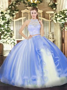 Flirting Sleeveless Floor Length Lace and Ruffles Zipper Quinceanera Dresses with Baby Blue