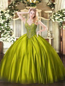 Sweet Olive Green Satin Lace Up Sweet 16 Quinceanera Dress Sleeveless Floor Length Beading