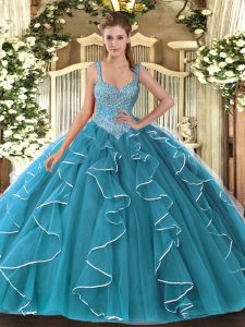Teal Ball Gowns Tulle V-neck Sleeveless Beading Floor Length Lace Up Quinceanera Dresses