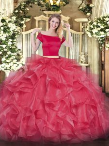 Two Pieces 15 Quinceanera Dress Coral Red Off The Shoulder Organza Short Sleeves Floor Length Zipper