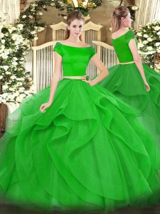 Unique Green Short Sleeves Tulle Zipper 15th Birthday Dress for Military Ball and Sweet 16 and Quinceanera