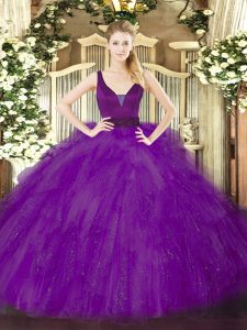 Enchanting Purple Ball Gowns Beading and Ruffles Sweet 16 Quinceanera Dress Zipper Tulle Sleeveless Floor Length