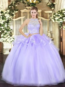 Top Selling Floor Length Lavender Ball Gown Prom Dress Tulle Sleeveless Lace