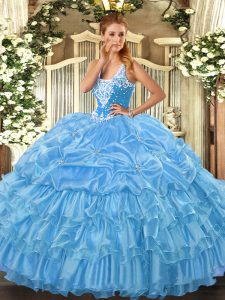 Customized Baby Blue Ball Gowns Straps Sleeveless Organza Floor Length Lace Up Beading and Ruffled Layers and Pick Ups Sweet 16 Dresses