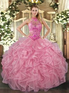 Super Baby Pink 15th Birthday Dress Sweet 16 and Quinceanera with Embroidery and Ruffles Halter Top Sleeveless Lace Up