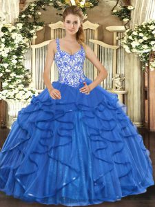 Tulle Straps Sleeveless Lace Up Beading and Appliques and Ruffles Vestidos de Quinceanera in Blue