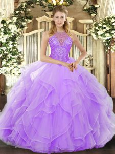 Hot Sale Lavender Ball Gowns High-neck Sleeveless Organza Floor Length Lace Up Beading and Ruffles Quinceanera Gowns