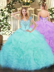 Comfortable Aqua Blue Ball Gowns V-neck Sleeveless Organza Floor Length Lace Up Ruffles Quinceanera Gown