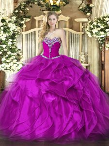 Best Selling Sleeveless Floor Length Beading and Ruffles Lace Up Sweet 16 Dresses with Fuchsia