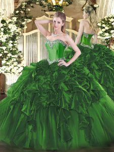 Glorious Dark Green Ball Gowns Sweetheart Sleeveless Organza Floor Length Lace Up Beading and Ruffles Sweet 16 Quinceanera Dress