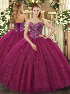 Best Fuchsia Ball Gowns Sweetheart Sleeveless Tulle Floor Length Lace Up Beading Quinceanera Gowns