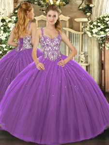 High End Purple Tulle Lace Up Sweet 16 Dresses Sleeveless Floor Length Beading and Appliques