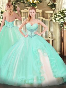 Custom Fit Tulle Sweetheart Sleeveless Lace Up Beading and Ruffles Quinceanera Dress in Apple Green