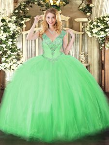 Wonderful V-neck Sleeveless Lace Up Quinceanera Dresses Apple Green Tulle