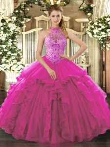 Halter Top Sleeveless Organza Quinceanera Dresses Beading and Ruffles Lace Up