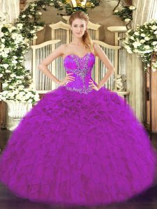 Floor Length Lace Up Sweet 16 Dresses Fuchsia for Sweet 16 and Quinceanera with Beading and Ruffles