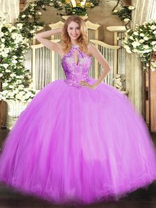 Halter Top Sleeveless Lace Up Quinceanera Gowns Lilac Tulle