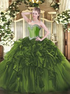 Fantastic Olive Green Sleeveless Floor Length Beading and Ruffles Lace Up 15 Quinceanera Dress
