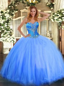 Suitable Ball Gowns Sweet 16 Dress Blue Sweetheart Tulle Sleeveless Floor Length Lace Up