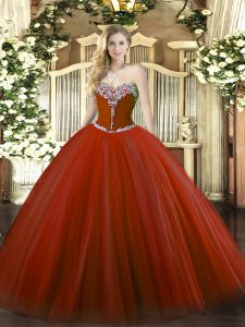 Rust Red Lace Up Sweetheart Beading Sweet 16 Dresses Tulle Sleeveless