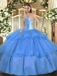 Baby Blue Ball Gowns Tulle Sweetheart Sleeveless Beading and Ruffled Layers Floor Length Lace Up 15th Birthday Dress