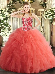 Watermelon Red Tulle Lace Up Sweetheart Sleeveless Floor Length Quinceanera Dresses Beading and Ruffles