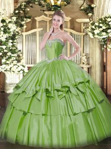 Artistic Sweetheart Sleeveless Quinceanera Dress Floor Length Beading and Ruffled Layers Yellow Green Organza and Taffeta