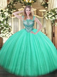 Delicate Scoop Sleeveless Ball Gown Prom Dress Floor Length Beading Turquoise Tulle and Sequined