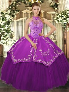 Dazzling Eggplant Purple Satin and Tulle Lace Up Halter Top Sleeveless Floor Length Ball Gown Prom Dress Beading and Embroidery
