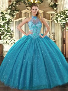 Fitting Teal Tulle Lace Up Halter Top Sleeveless Floor Length 15 Quinceanera Dress Beading and Embroidery