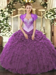 Cheap Floor Length Lace Up Sweet 16 Dresses Eggplant Purple for Military Ball and Sweet 16 and Quinceanera with Beading and Ruffles
