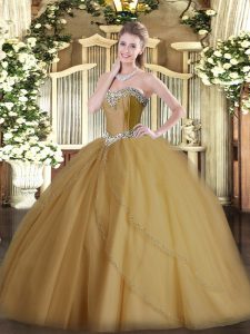 Champagne Ball Gowns Sweetheart Sleeveless Tulle Brush Train Lace Up Beading Quinceanera Gown
