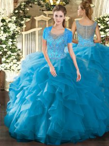 Customized Scoop Sleeveless Clasp Handle Sweet 16 Quinceanera Dress Teal Tulle
