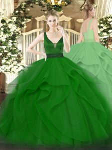 Dark Green Tulle Zipper Sweet 16 Dresses Sleeveless Floor Length Beading and Ruffles