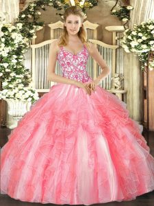Fitting Coral Red Ball Gowns Straps Sleeveless Tulle Floor Length Lace Up Beading and Ruffles 15 Quinceanera Dress